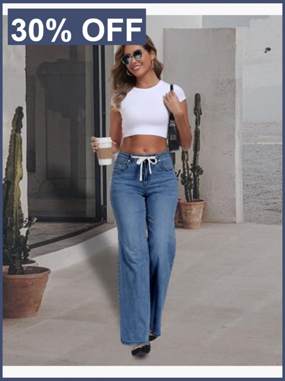 High Waist Wide Leg Jeans with Drawstring Stretchy Denim Pants - Picture 3 of 5